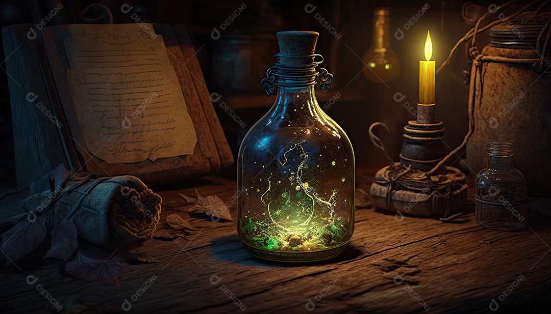 Ilustrações sobre garrafa de poções.