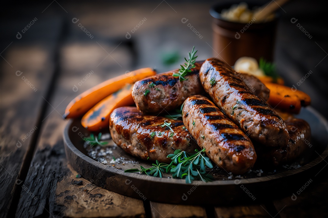 Salsicha caseira grelhada com ervas na mesa de madeira rústica. IA gerada. vista frontal