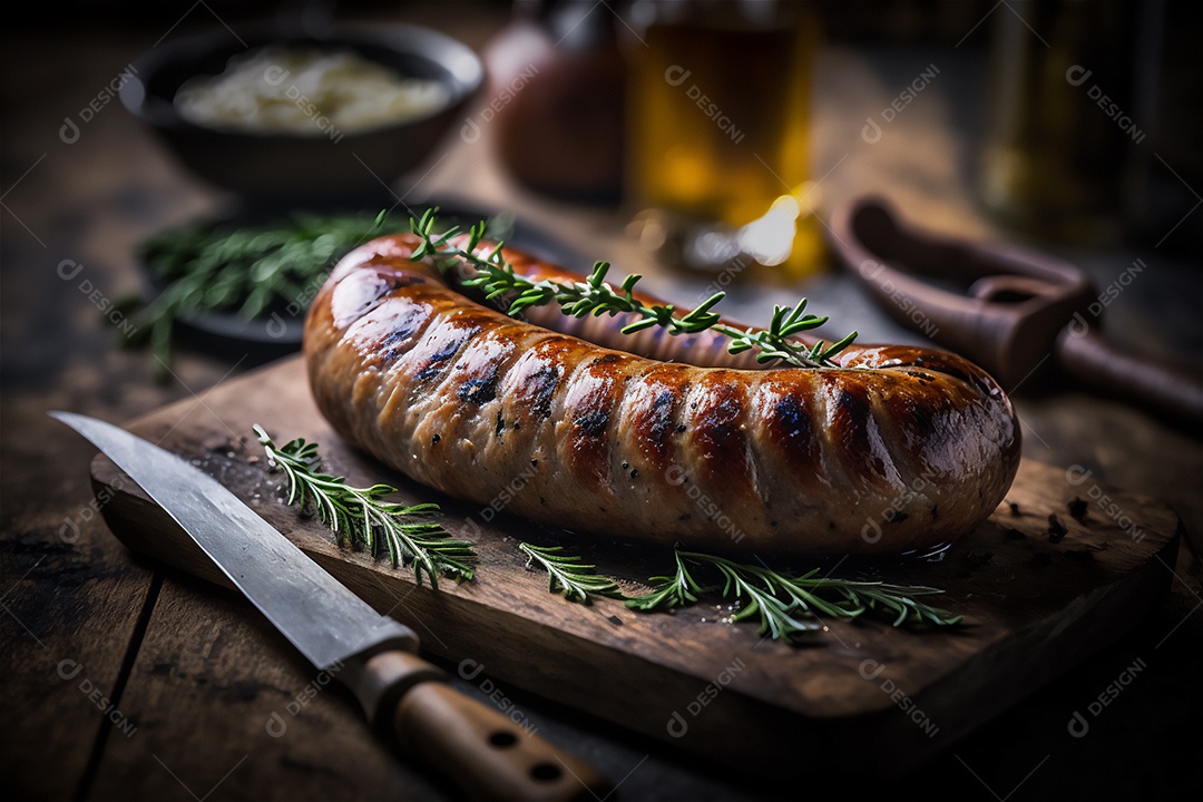 Salsicha caseira grelhada com ervas na mesa de madeira rústica. IA gerada. vista frontal
