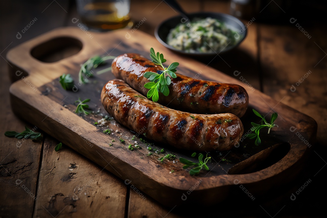 Salsicha caseira grelhada com ervas na mesa de madeira rústica. IA gerada. vista frontal