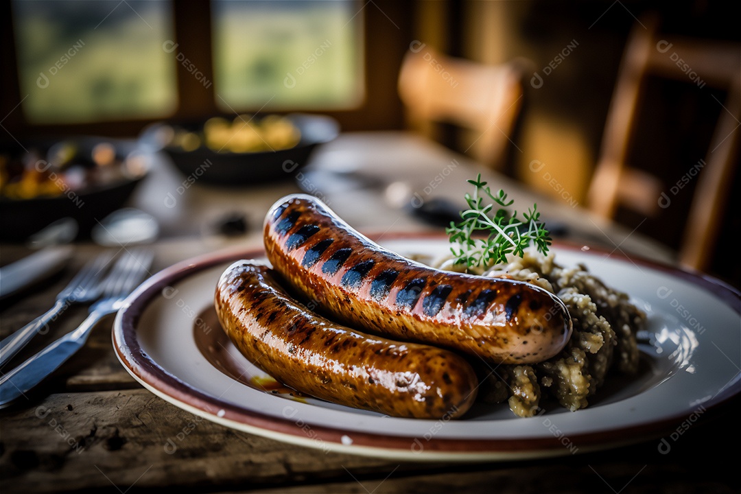 Salsicha caseira grelhada com ervas na mesa de madeira rústica. IA gerada. vista frontal