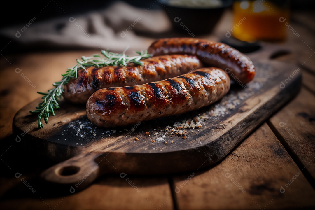 Salsicha caseira grelhada com ervas na mesa de madeira rústica. IA gerada. vista frontal