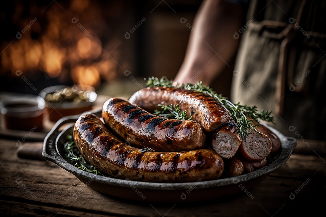 Salsicha caseira grelhada com ervas na mesa de madeira rústica. IA gerada. vista frontal