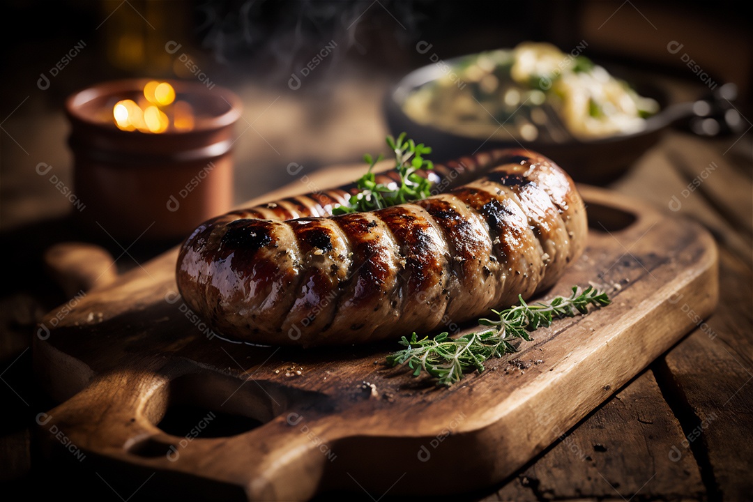 Salsicha caseira grelhada com ervas na mesa de madeira rústica. IA gerada. vista frontal