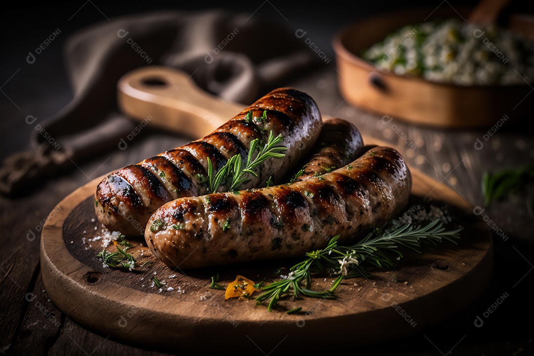 Salsicha caseira grelhada com ervas na mesa de madeira rústica. IA gerada. vista frontal