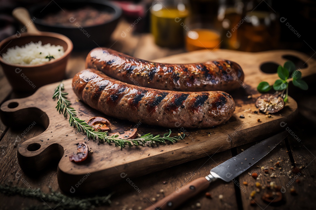 Salsicha caseira grelhada com ervas na mesa de madeira rústica. IA gerada. vista frontal
