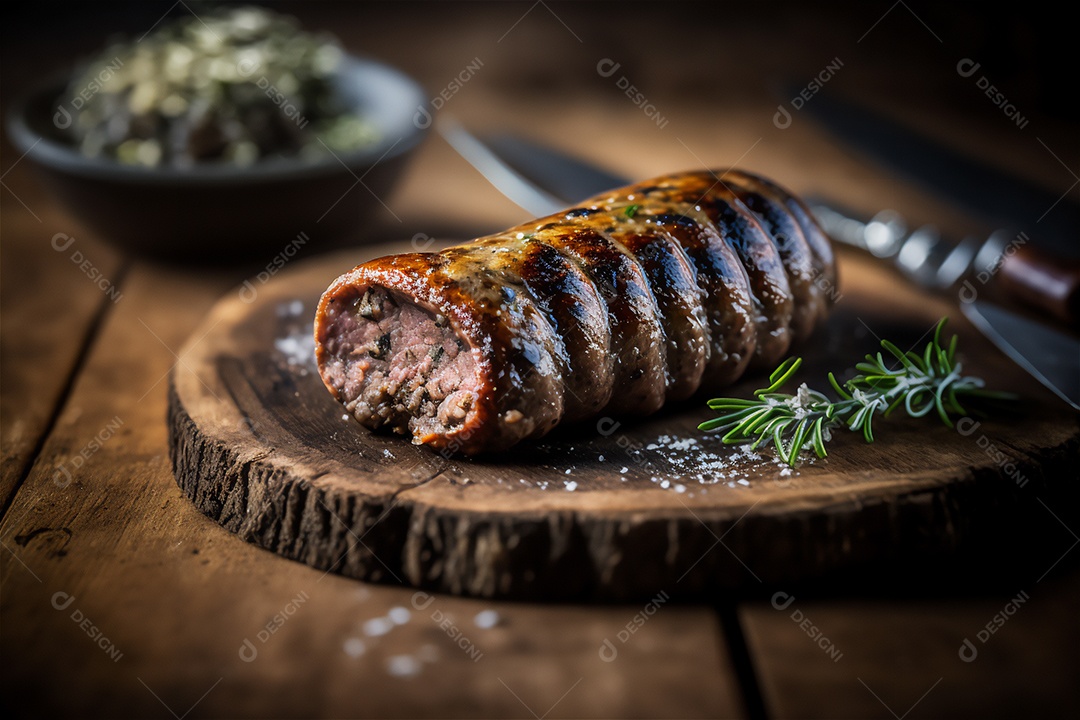 Salsicha caseira grelhada com ervas na mesa de madeira rústica. IA gerada. vista frontal