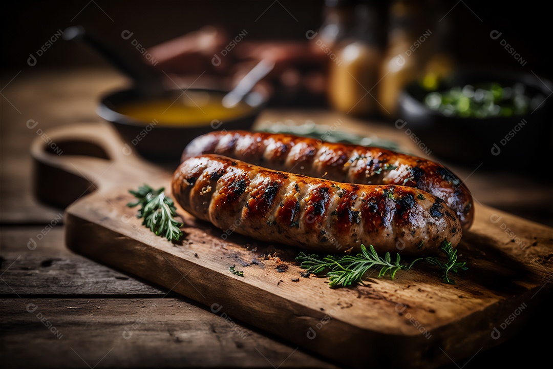 Salsicha caseira grelhada com ervas na mesa de madeira rústica. IA gerada. vista frontal