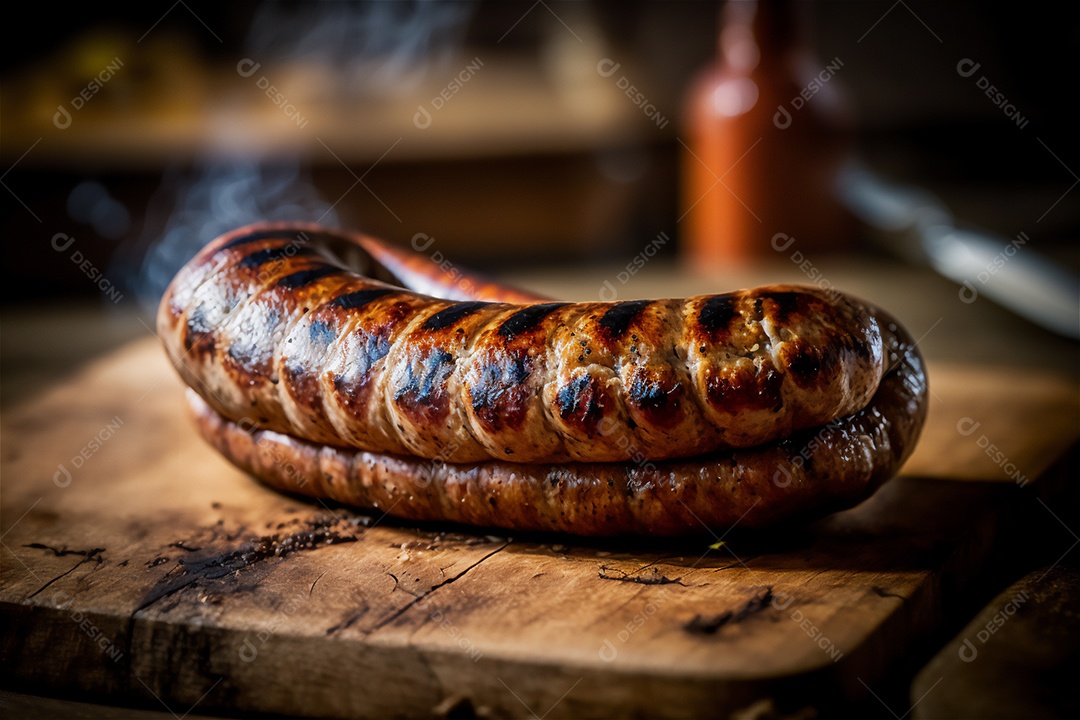 Salsicha caseira grelhada com ervas na mesa de madeira rústica. IA gerada. vista frontal