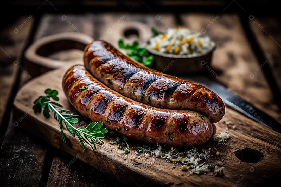 Salsicha caseira grelhada com ervas na mesa de madeira rústica. IA gerada. vista frontal