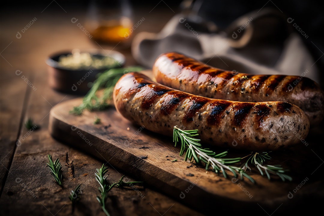 Salsicha caseira grelhada com ervas na mesa de madeira rústica. IA gerada. vista frontal