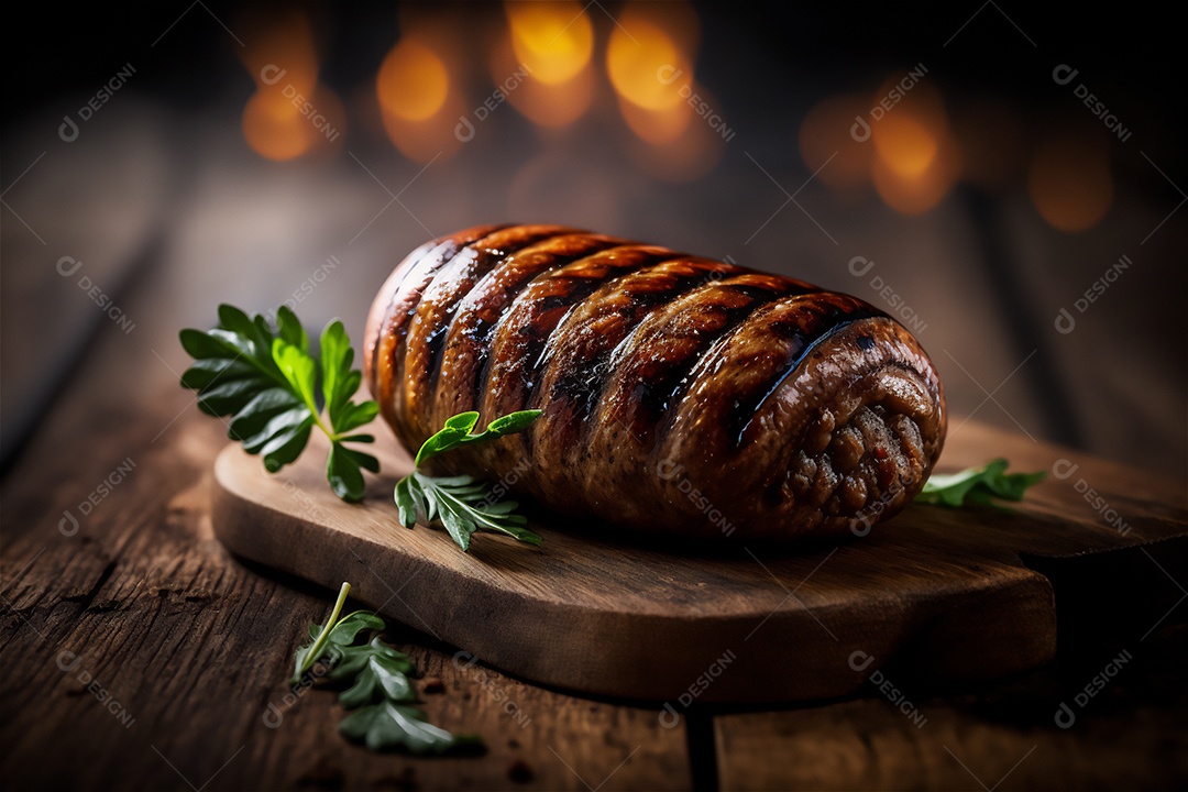 Salsicha caseira grelhada com ervas na mesa de madeira rústica. IA gerada. vista frontal