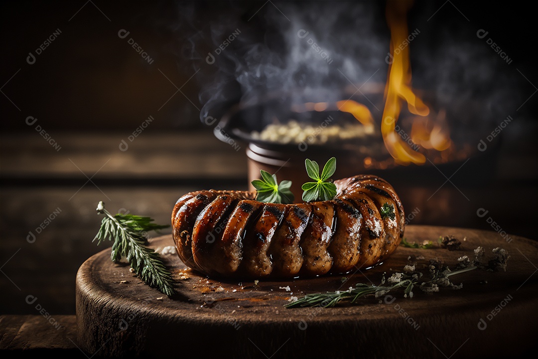 Salsicha caseira grelhada com ervas na mesa de madeira rústica. IA gerada. vista frontal