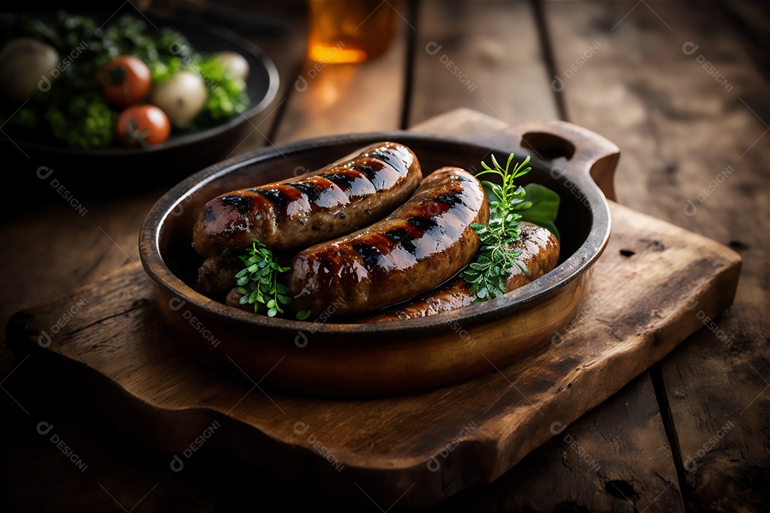 Salsicha caseira grelhada com ervas na mesa de madeira rústica. IA gerada. vista frontal