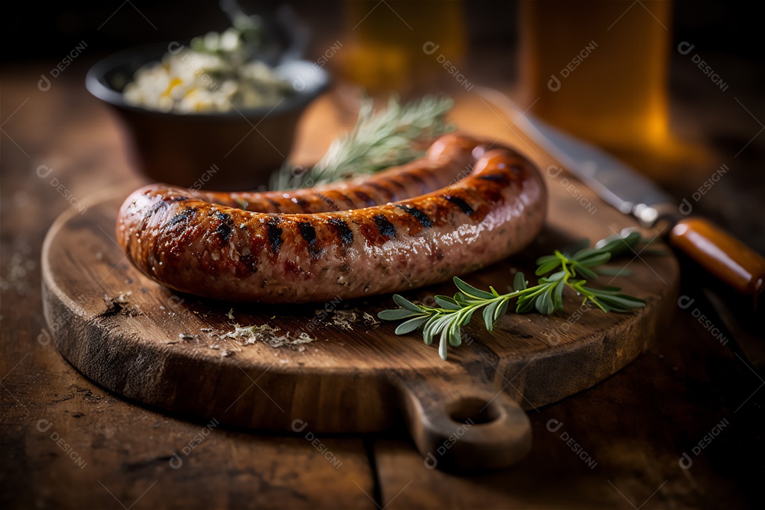 Salsicha caseira grelhada com ervas na mesa de madeira rústica. IA gerada. vista frontal