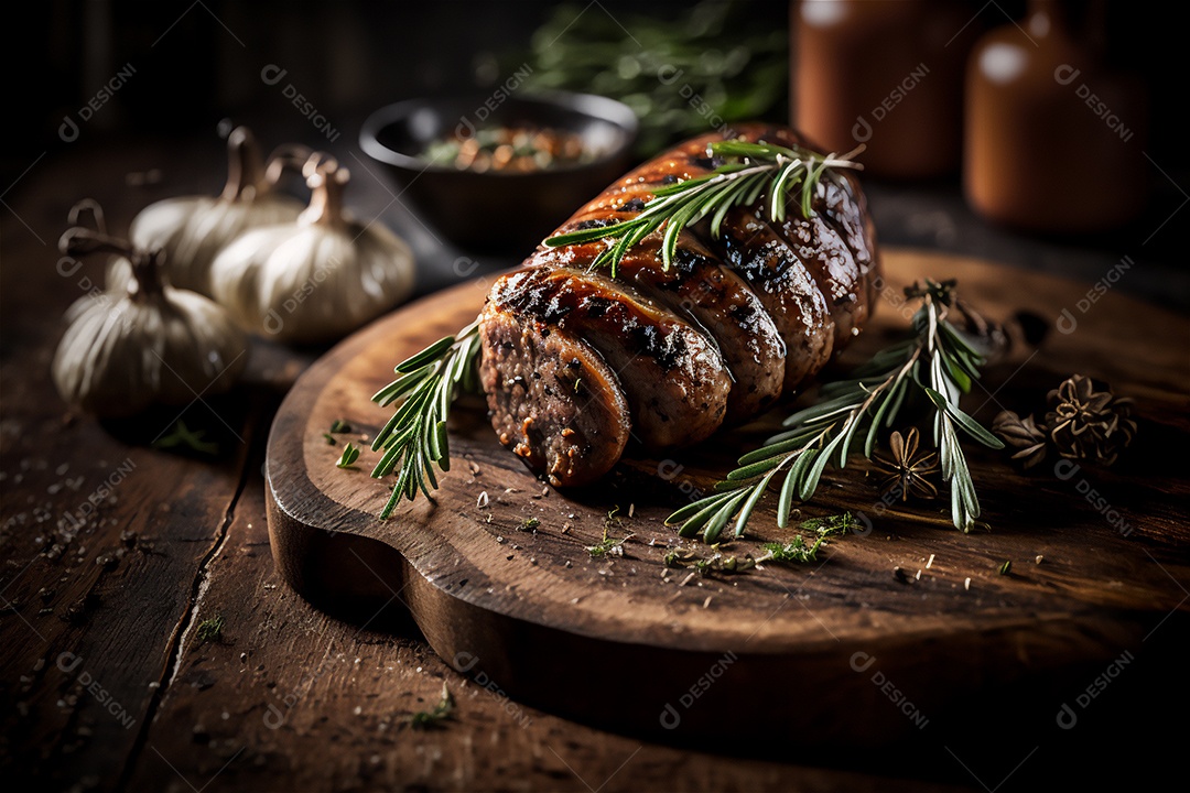 Salsicha caseira grelhada com ervas na mesa de madeira rústica. IA gerada. vista frontal