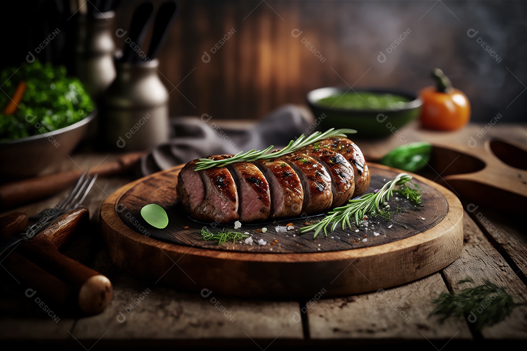 Salsicha caseira grelhada com ervas na mesa de madeira rústica. IA gerada. vista frontal