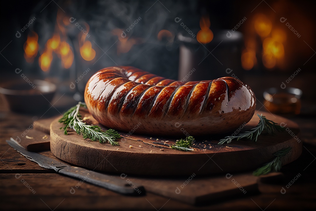 Salsicha caseira grelhada com ervas na mesa de madeira rústica. IA gerada. vista frontal