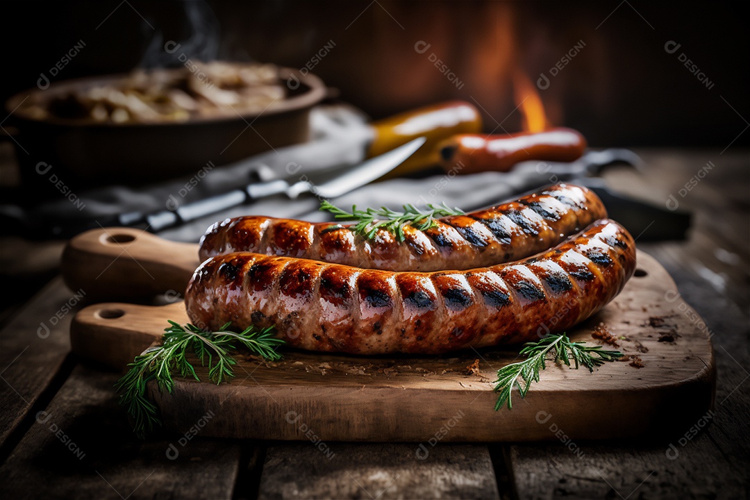 Salsicha caseira grelhada com ervas na mesa de madeira rústica. IA gerada. vista frontal