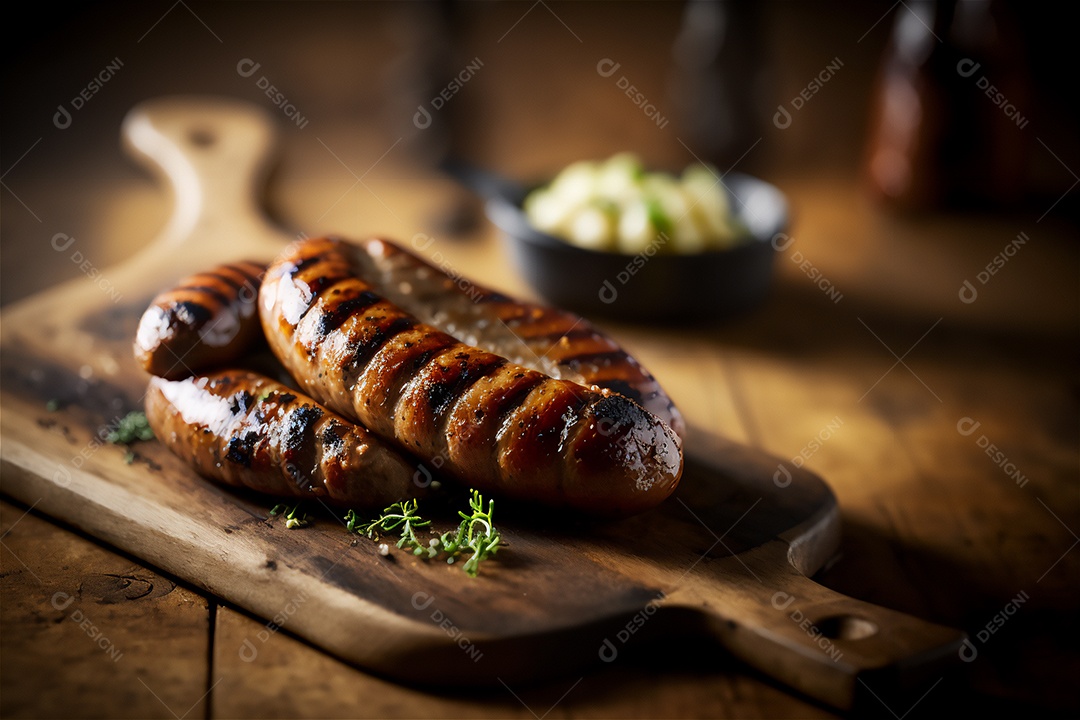 Salsicha caseira grelhada com ervas na mesa de madeira rústica. IA gerada. vista frontal