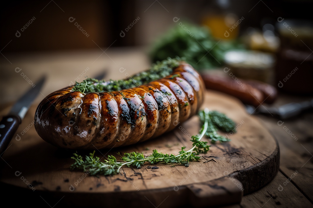 Salsicha caseira grelhada com ervas na mesa de madeira rústica. IA gerada. vista frontal