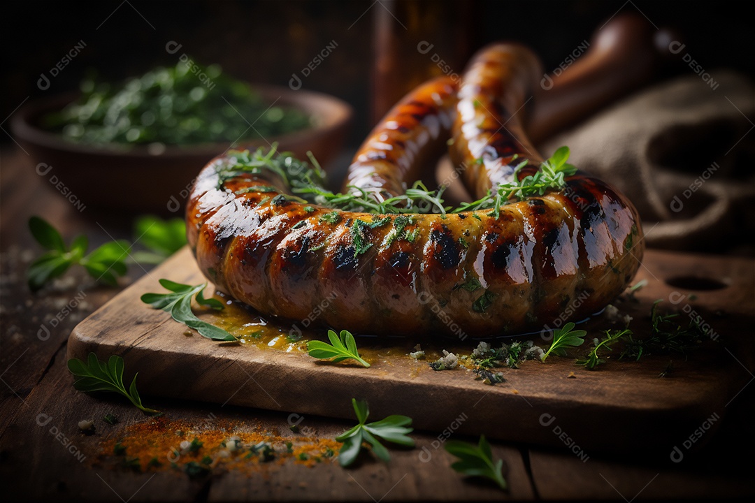 Salsicha caseira grelhada com ervas na mesa de madeira rústica. IA gerada. vista frontal