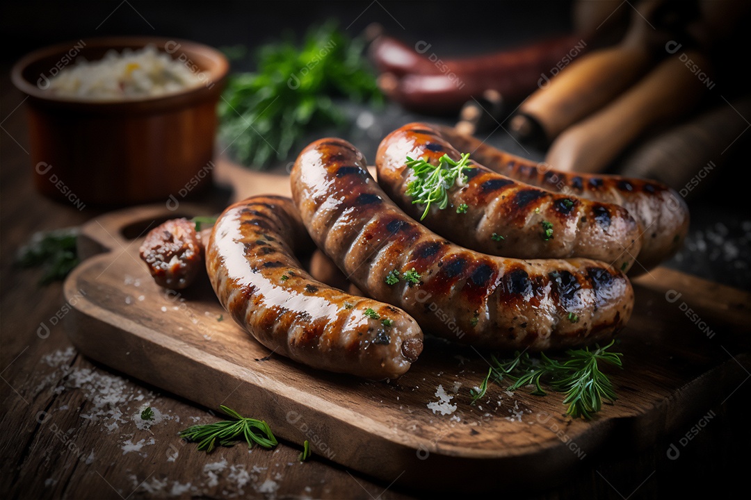 Salsicha caseira grelhada com ervas na mesa de madeira rústica. IA gerada. vista frontal