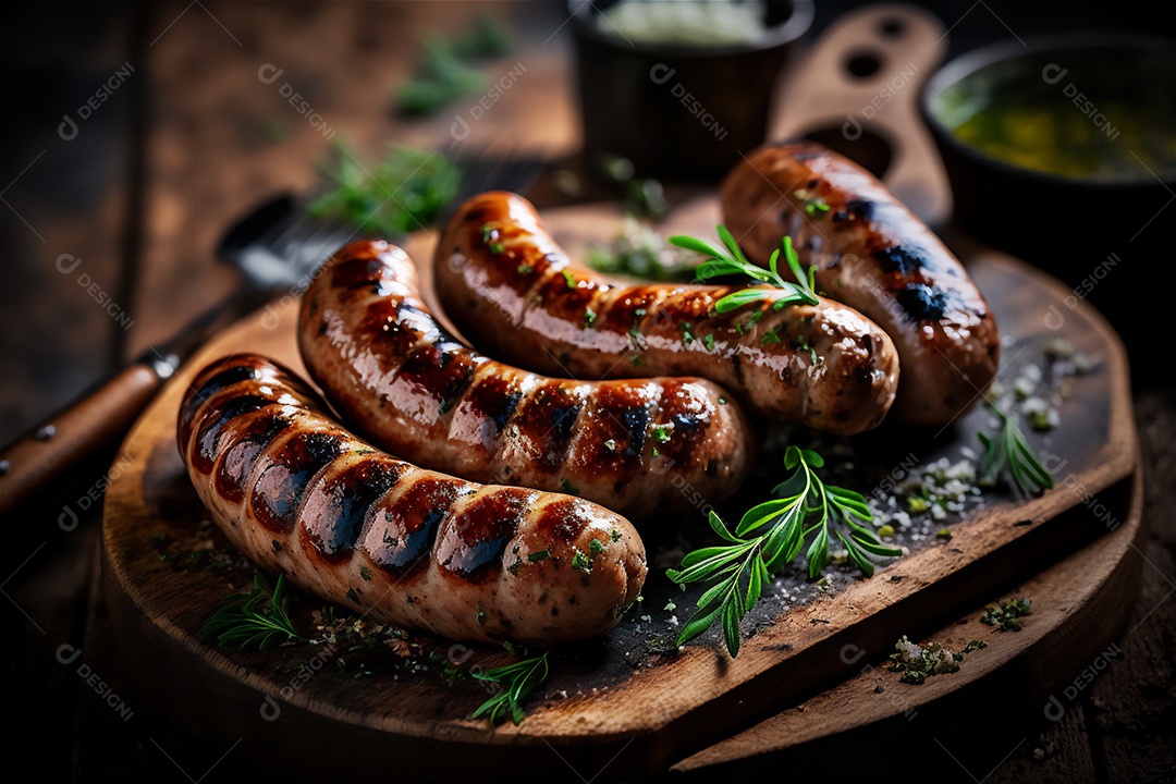 Salsicha caseira grelhada com ervas na mesa de madeira rústica. IA gerada. vista frontal