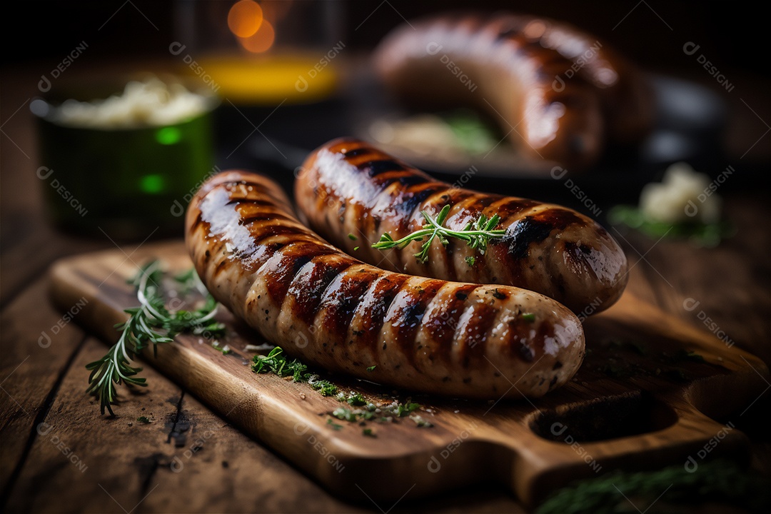 Salsicha caseira grelhada com ervas na mesa de madeira rústica. IA gerada. vista frontal
