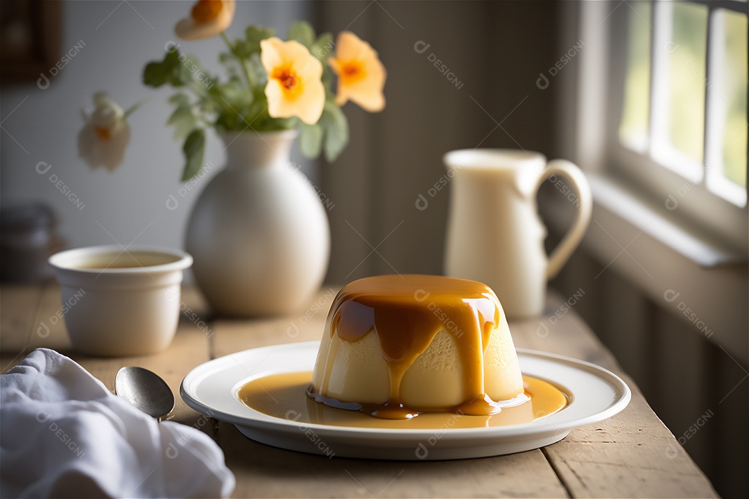 Pudim de leite condensado cremoso caseiro coberto com calda de caramelo em prato branco sobre mesa de madeira rústica. IA gerada. vista frontal