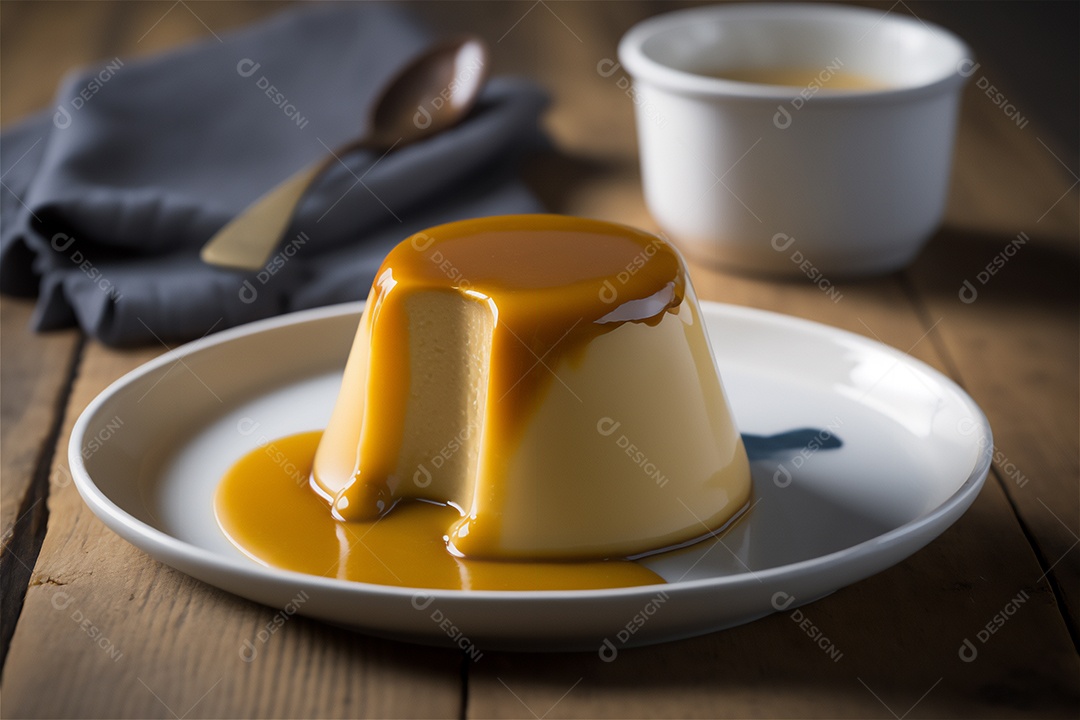 Pudim de leite condensado cremoso caseiro coberto com calda de caramelo em prato branco sobre mesa de madeira rústica. IA gerada. vista frontal