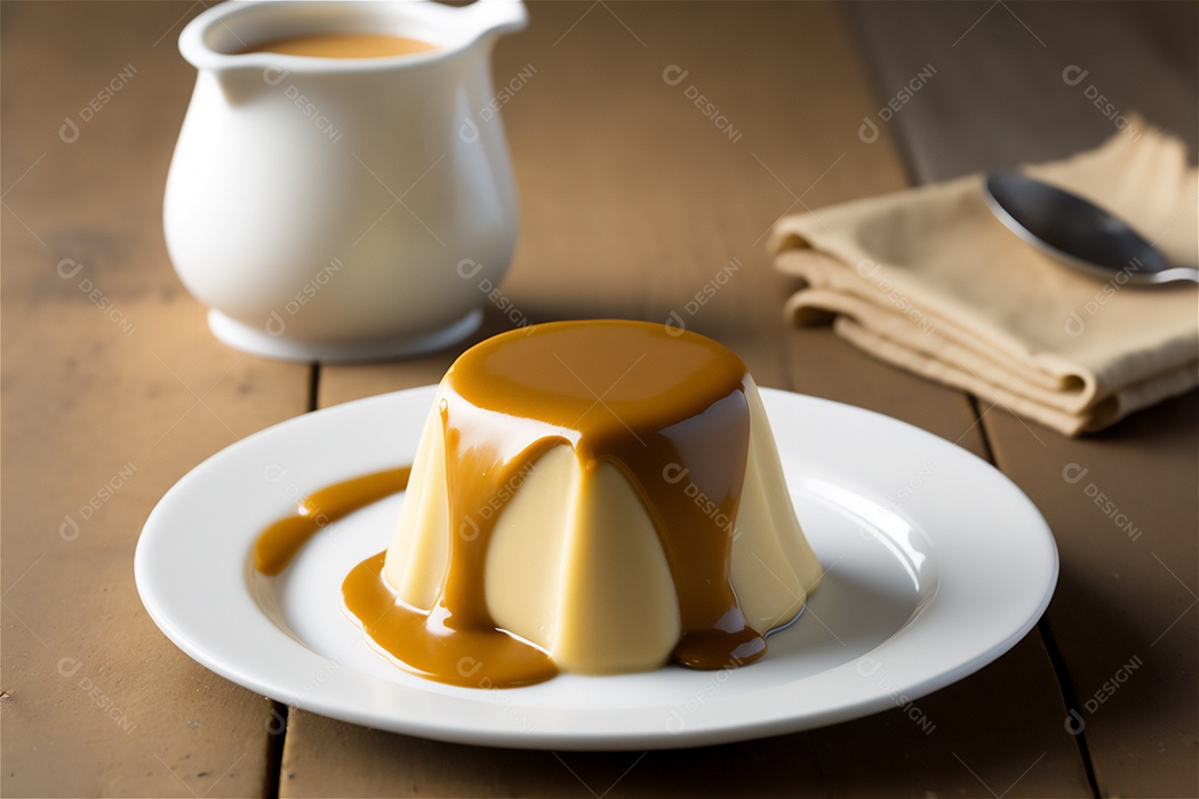 Pudim de leite condensado cremoso caseiro coberto com calda de caramelo em prato branco sobre mesa de madeira rústica. IA gerada. vista frontal