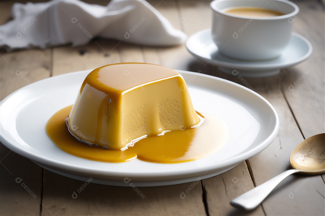 Pudim de leite condensado cremoso caseiro coberto com calda de caramelo em prato branco sobre mesa de madeira rústica. IA gerada. vista frontal