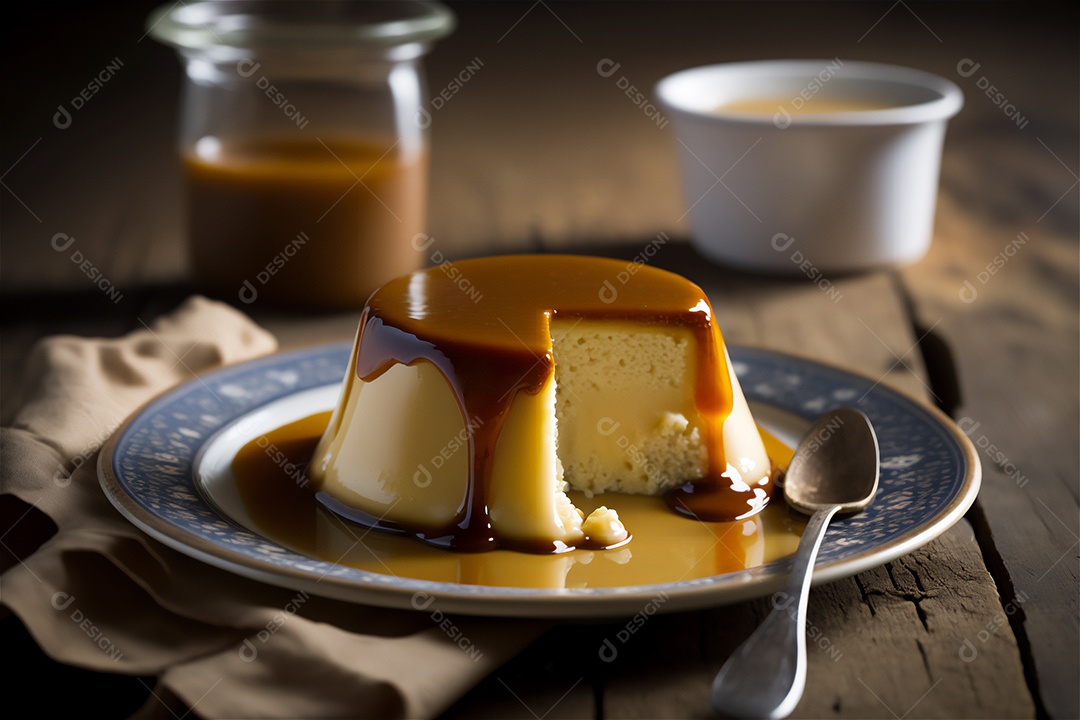 Pudim de leite condensado cremoso caseiro coberto com calda de caramelo em prato branco sobre mesa de madeira rústica. IA gerada. vista frontal