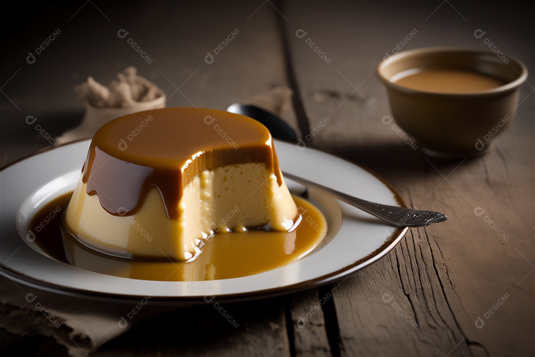 Pudim de leite condensado cremoso caseiro coberto com calda de caramelo em prato branco sobre mesa de madeira rústica. IA gerada. vista frontal