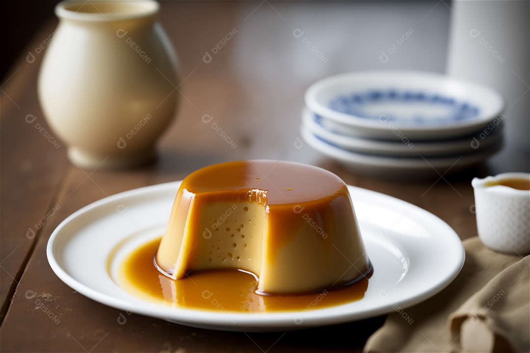 Pudim de leite condensado cremoso caseiro coberto com calda de caramelo em prato branco sobre mesa de madeira rústica. IA gerada. vista frontal