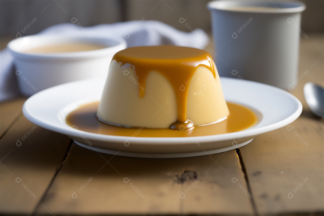 Pudim de leite condensado cremoso caseiro coberto com calda de caramelo em prato branco sobre mesa de madeira rústica. IA gerada. vista frontal