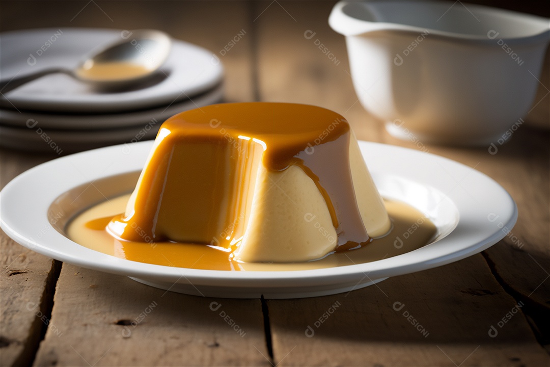 Pudim de leite condensado cremoso caseiro coberto com calda de caramelo em prato branco sobre mesa de madeira rústica. IA gerada. vista frontal