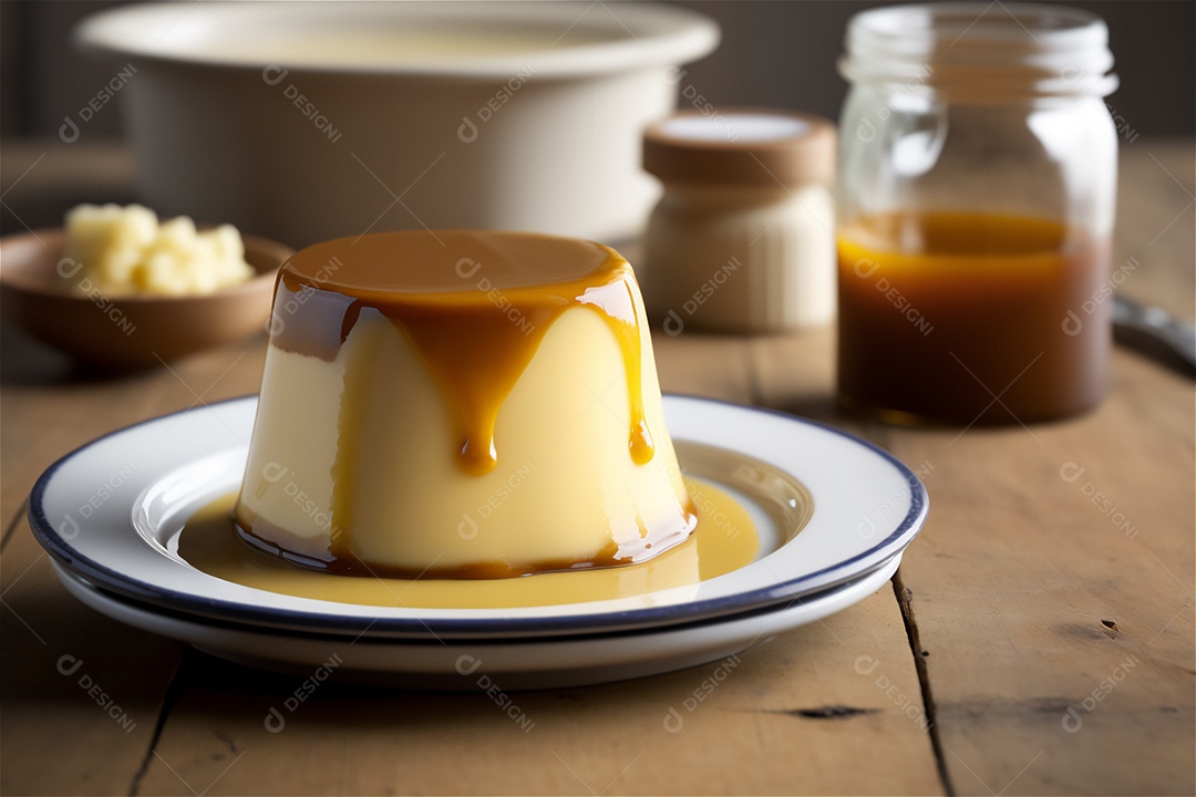 Pudim de leite condensado cremoso caseiro coberto com calda de caramelo em prato branco sobre mesa de madeira rústica. IA gerada. vista frontal