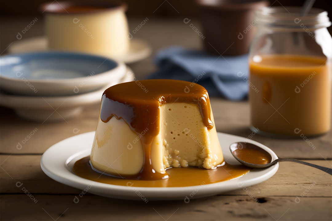 Pudim de leite condensado cremoso caseiro coberto com calda de caramelo em prato branco sobre mesa de madeira rústica. IA gerada. vista frontal