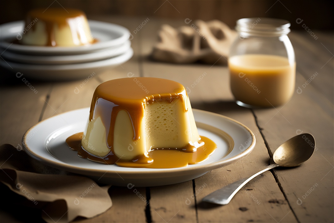 Pudim de leite condensado cremoso caseiro coberto com calda de caramelo em prato branco sobre mesa de madeira rústica. IA gerada. vista frontal