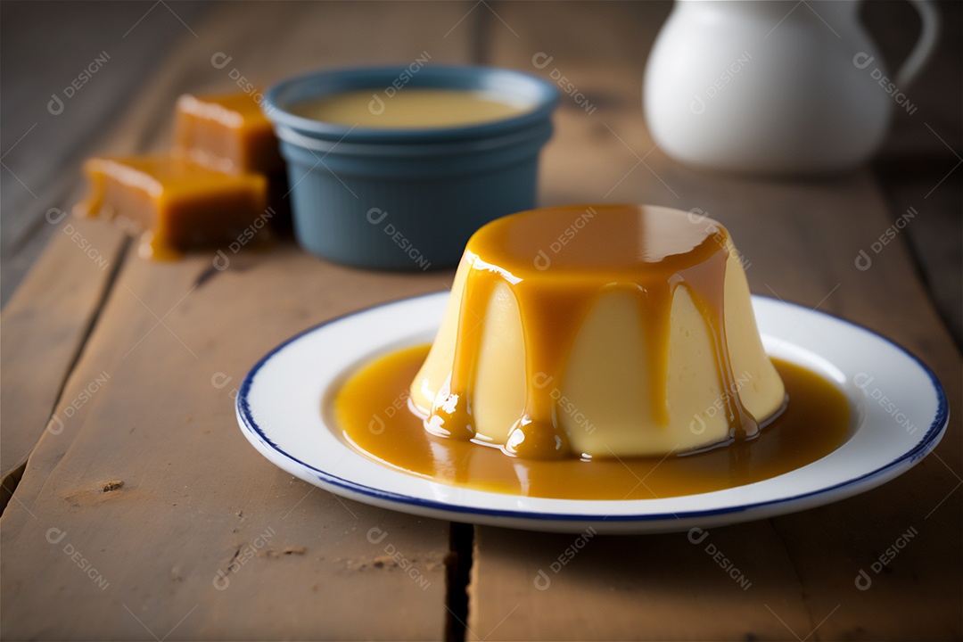 Pudim de leite condensado cremoso caseiro coberto com calda de caramelo em prato branco sobre mesa de madeira rústica. IA gerada. vista frontal