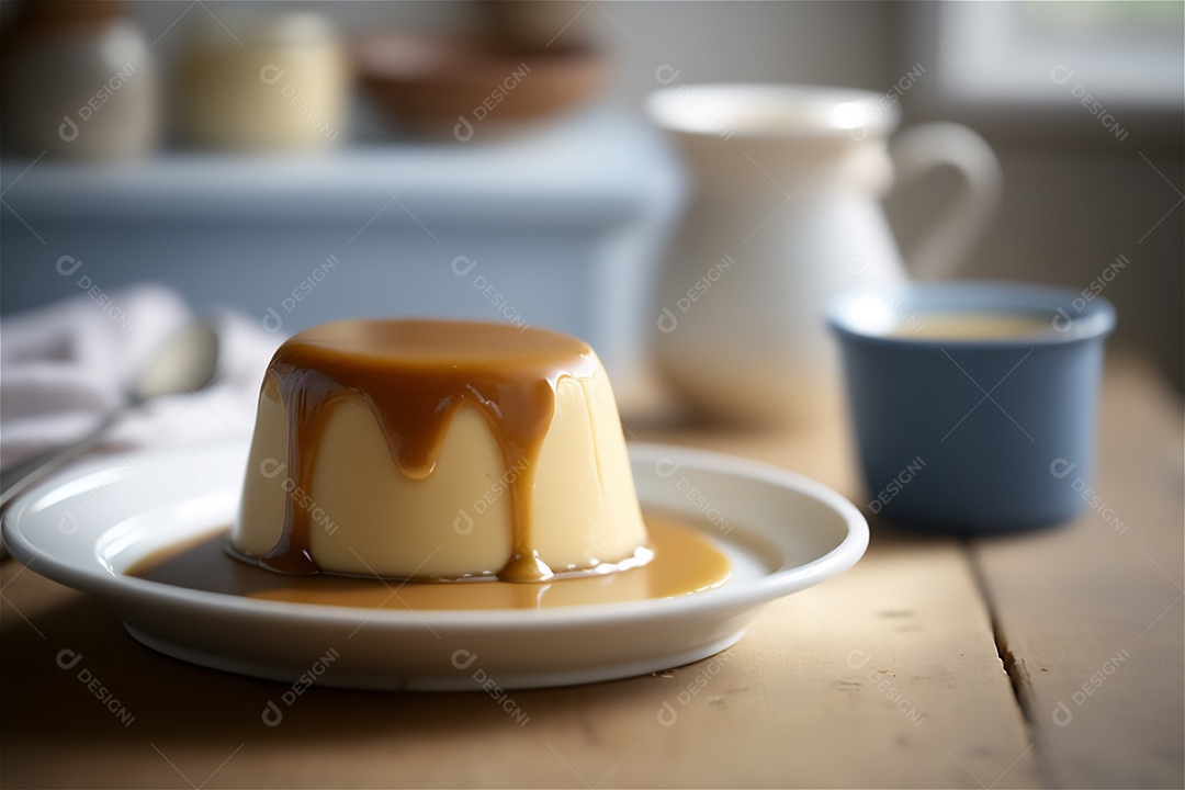Pudim de leite condensado cremoso caseiro coberto com calda de caramelo em prato branco sobre mesa de madeira rústica. IA gerada. vista frontal