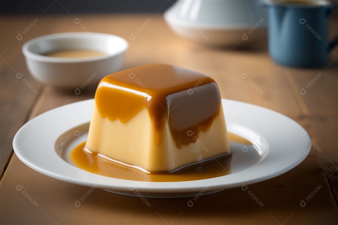 Pudim de leite condensado cremoso caseiro coberto com calda de caramelo em prato branco sobre mesa de madeira rústica. IA gerada. vista frontal