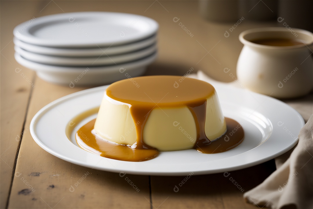 Pudim de leite condensado cremoso caseiro coberto com calda de caramelo em prato branco sobre mesa de madeira rústica. IA gerada. vista frontal