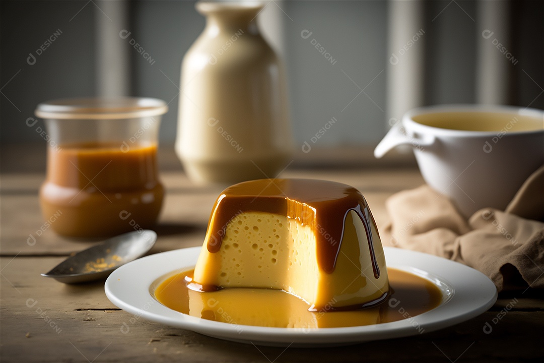 Pudim de leite condensado cremoso caseiro coberto com calda de caramelo em prato branco sobre mesa de madeira rústica. IA gerada. vista frontal