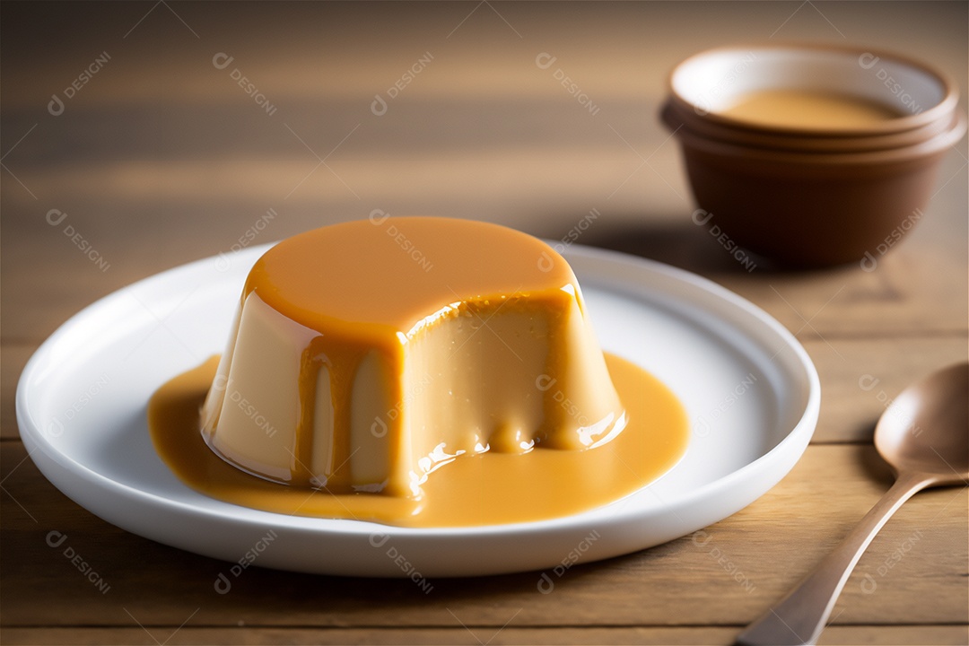 Pudim de leite condensado cremoso caseiro coberto com calda de caramelo em prato branco sobre mesa de madeira rústica. IA gerada. vista frontal