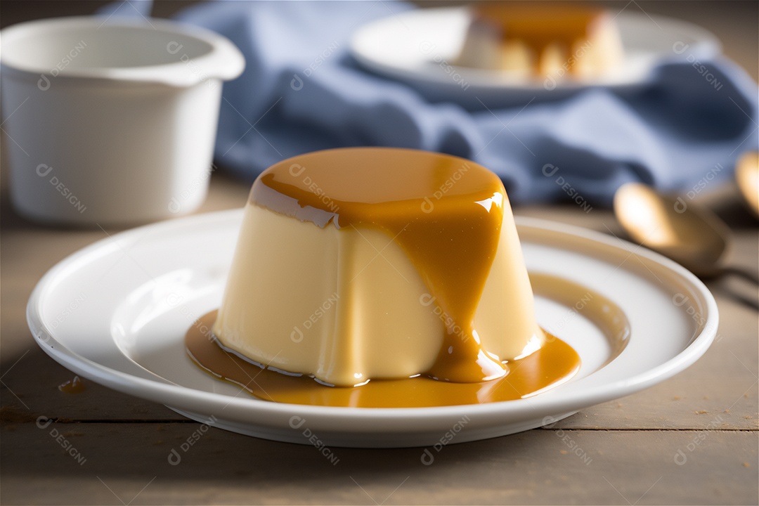 Pudim de leite condensado cremoso caseiro coberto com calda de caramelo em prato branco sobre mesa de madeira rústica. IA gerada. vista frontal