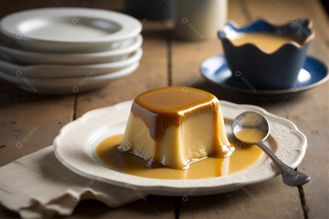 Pudim de leite condensado cremoso caseiro coberto com calda de caramelo em prato branco sobre mesa de madeira rústica. IA gerada. vista frontal