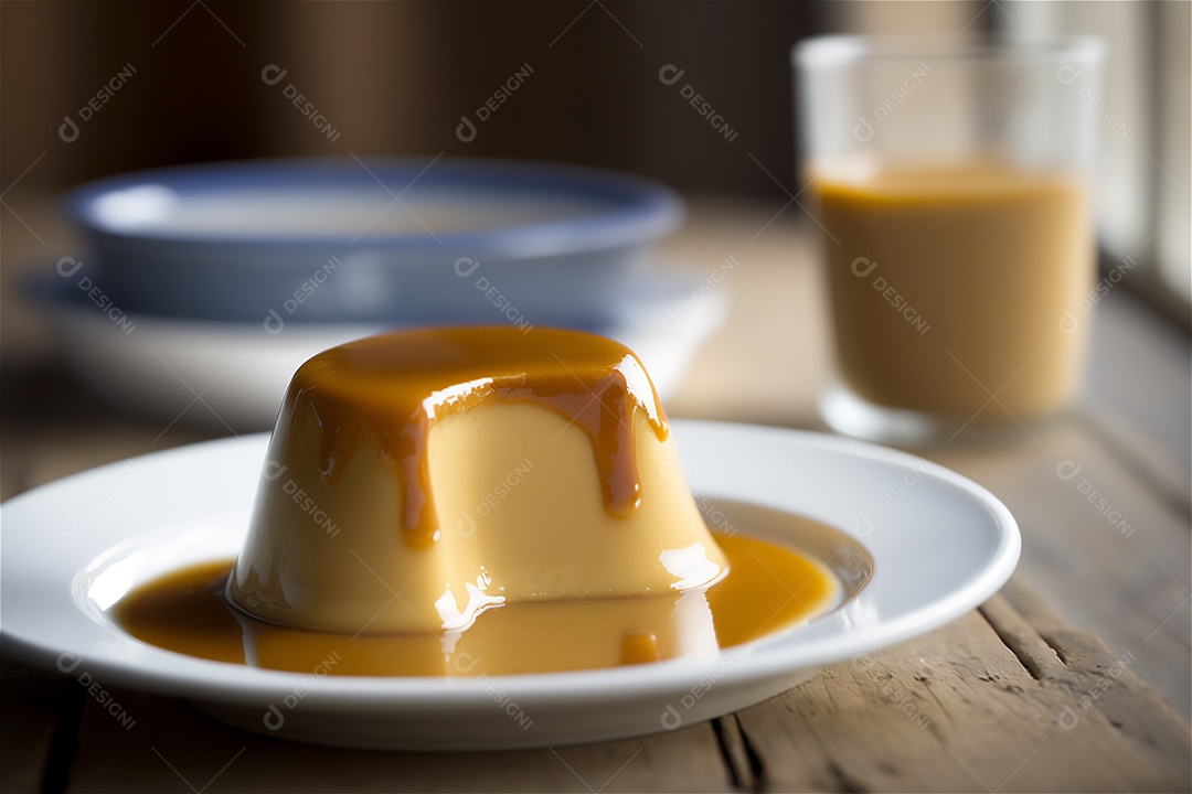 Pudim de leite condensado cremoso caseiro coberto com calda de caramelo em prato branco sobre mesa de madeira rústica. IA gerada. vista frontal